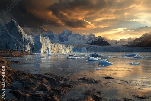 Wallpaper Mural Glacier terminus at sunset. Icebergs float in calm water, reflecting the orange and gold hues of the sky. Dark rocks in the foreground contrast with the bright ice and sky Torontodigital.ca