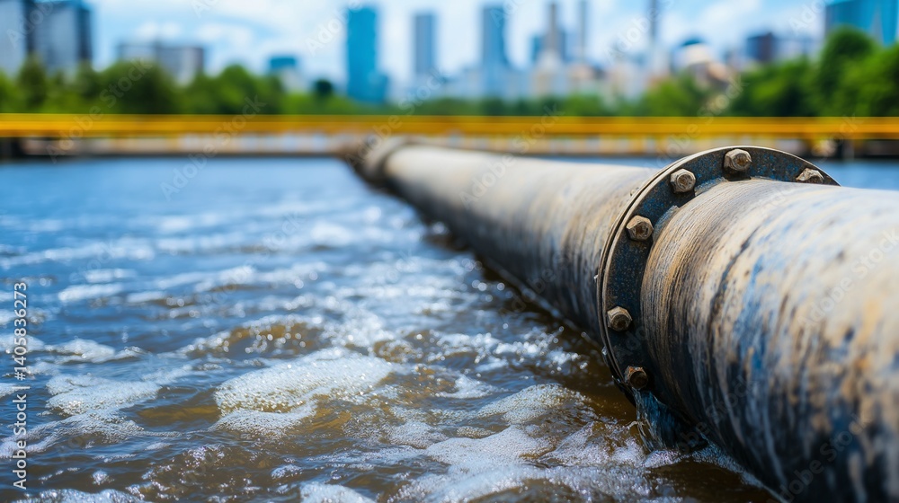 Industrial Water Pipeline System in Urban Environment Close up View Industrial Water Pipeline System in Urban Environment Close up View