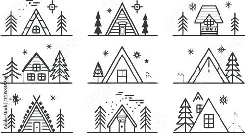 Nine Cozy Winter Cabin Illustrations AFrame, Chalet, Mountain