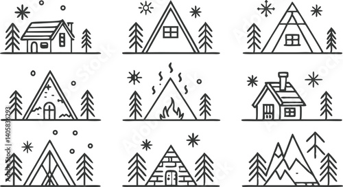 Mountain Cabin Winter Line Art Houses, Trees, Snow, Fire