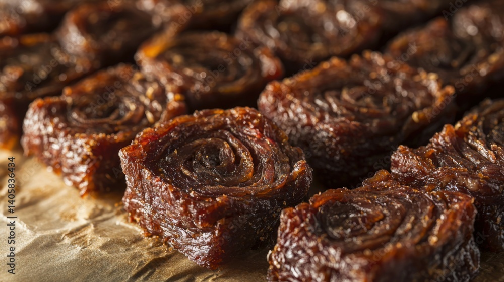 Fototapeta premium Close-up view of thick-cut beef jerky layered on parchment sheet with rich texture