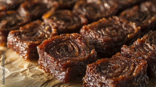 Wallpaper Mural Close-up view of thick-cut beef jerky layered on parchment sheet with rich texture Torontodigital.ca