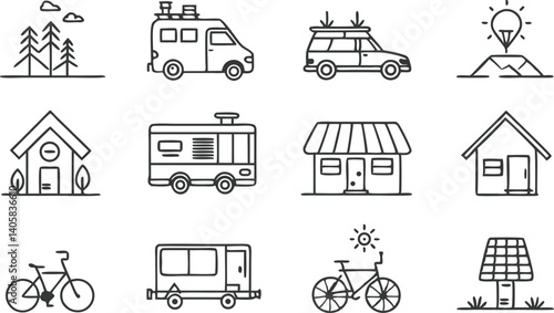 Sustainable Travel Icons Houses, Vans, Bikes, and Solar Energy