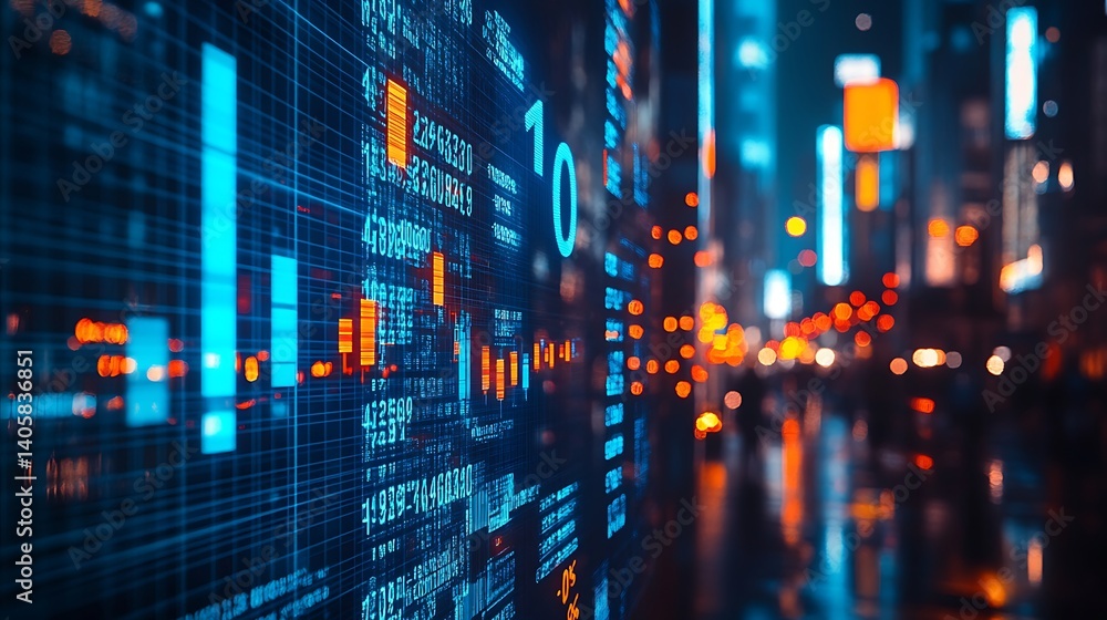 Obraz premium Futuristic Cityscape with Digital Stock Market Display, A futuristic cityscape at night with digital stock market data displayed on a glass wall