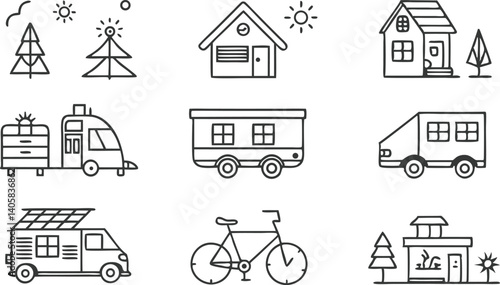 Vacation Homes, Trailers, Vans, and Bikes Travel and Nature Icons