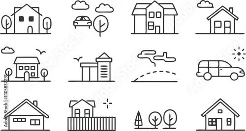 House Icons Suburban Homes, Cars, Trees, Landscapes