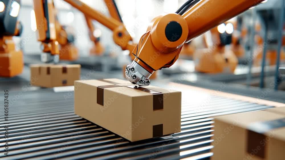 Robotic arm efficiently handling cardboard boxes on a conveyor belt in ...