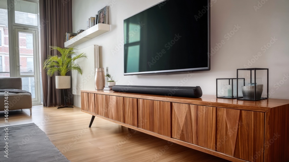 Modern living room shows smart TV connected to sound bar. Stylish wooden TV stand complements minimalist interior. Modern living room shows smart TV connected to sound bar. Stylish wooden TV stand complements minimalist interior.