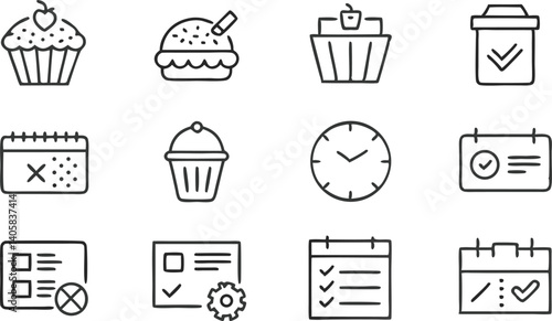 Scheduling, Task Management, and Bakery Icons Time, Checklists, and Cupcakes