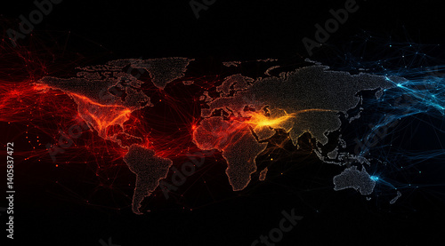 a world map on a dark background with images of light communication lines and data lines