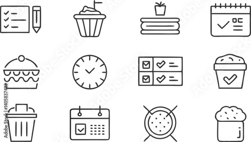 Checklist Icons Time Management, Task Completion, Calendar, and Bins