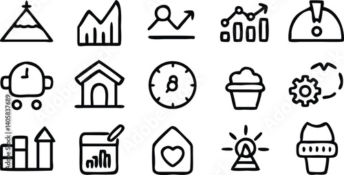 Handdrawn Icons Charts, Clock, House, Gear, Mountain, Growth