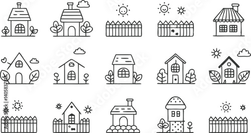 Cute House Illustrations Simple Homes, Fences, and Sunny Scenes