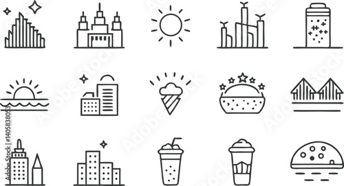 Cityscape Icons Buildings, Sunsets, Drinks, and Desserts