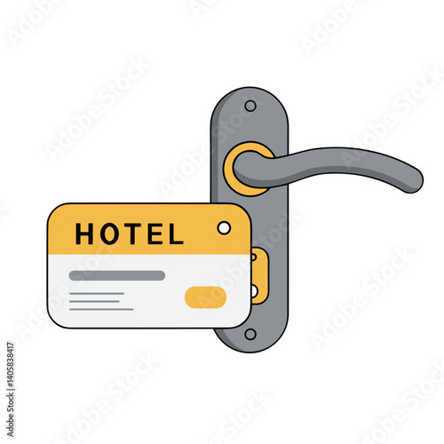 Hotel key card hanging on door handle, simple design, colorful  