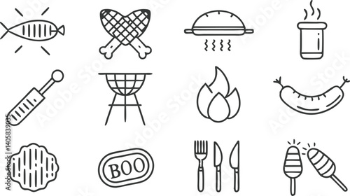 BBQ Grill Icons Food, Utensils, and Fire Illustrations