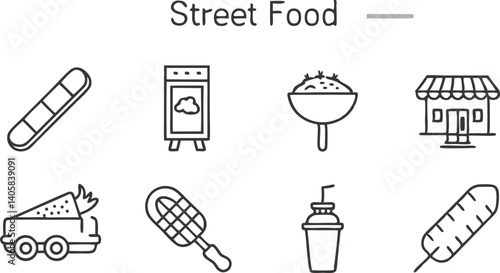 Street Food Icons Cart, Stand, Drinks, Snacks, and More