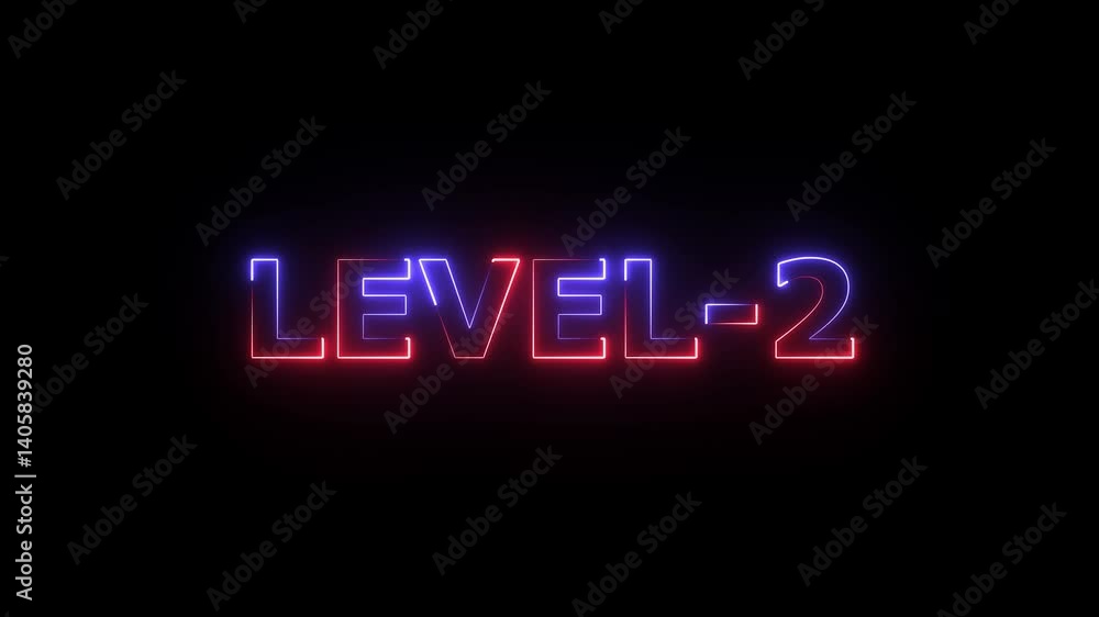 Neon level up sing. You Climbed to a upper Level .Level -2 text font with neon light Animation on black background, Game concept Neon level up sing. You Climbed to a upper Level .Level -2 text font with neon light Animation on black background, Game concept