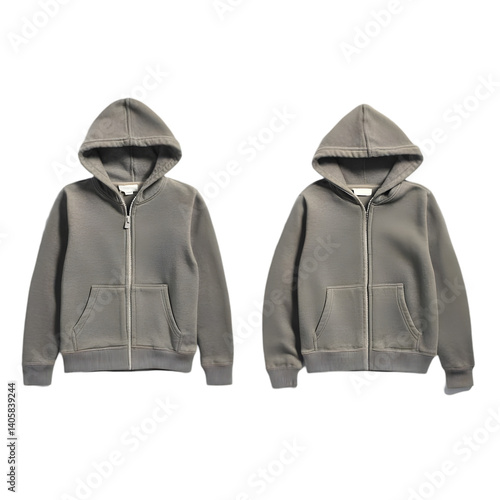 Two Grey Hooded Zippered Jackets Front View Isolated Photo