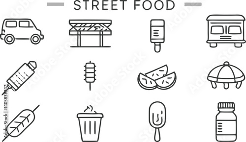 Street Food Icons Van, Stand, Skewers, Popsicle, Drink, Watermelon