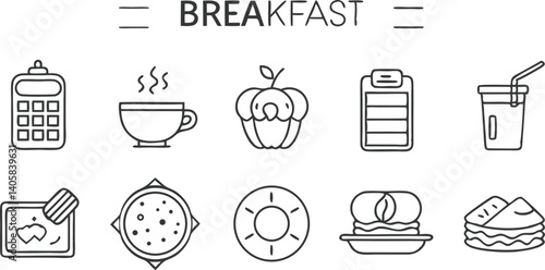 Breakfast Menu Icons Coffee, Juice, Sandwich, Pancake, Pepper