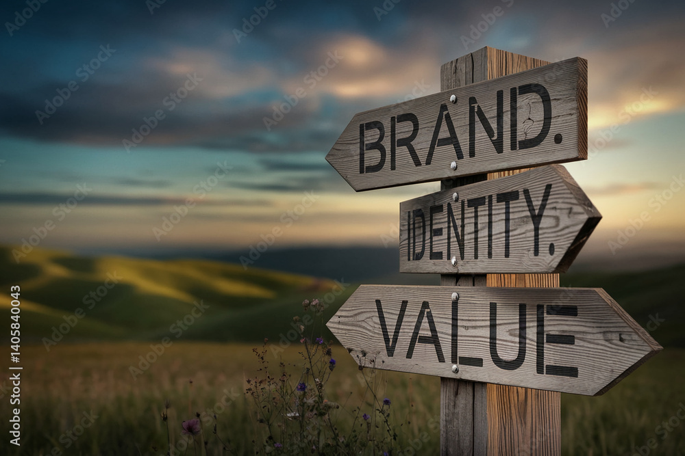 Obraz premium Wooden signpost with brand, identity, value directions against a blurred landscape sunset background, showcasing business direction and strategic choices