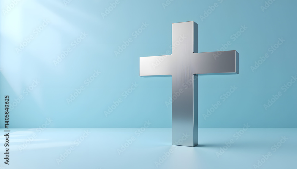 Obraz premium Metallic Cross Displayed on Blue Background with Soft Lighting - 