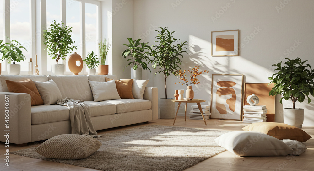 Obraz premium This modern living room interior features a comfortable sofa and furniture around a fireplace, enhancing the home's design and creating a cozy lounge decor