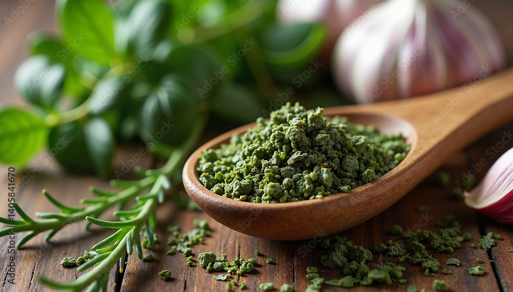 Fresh herbs and garlic in a wooden bowl on a rustic table, Wooden spoon with herbs Fresh herbs and garlic in a wooden bowl on a rustic table, Wooden spoon with herbs