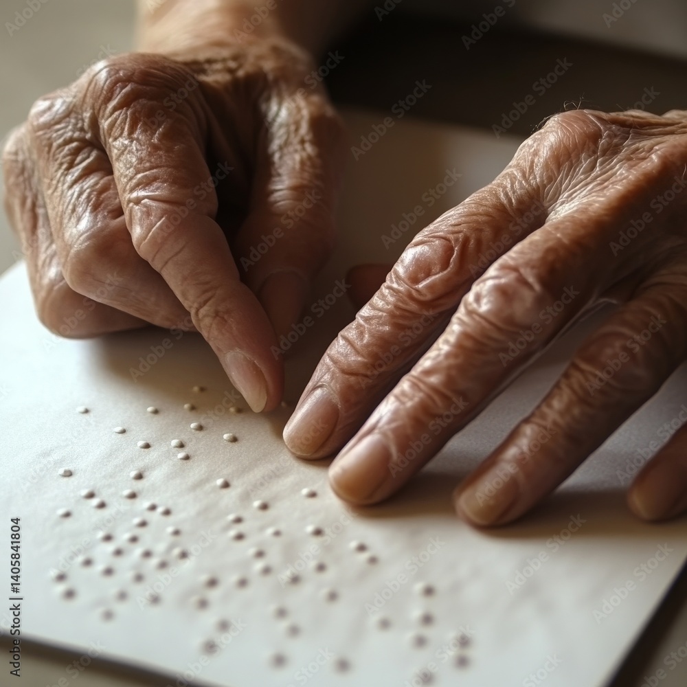 Fototapeta premium Braille Learning Touch Closeup of aged hands tracing Braille text on crisp white paper shallow depth of field soft natural light from a window highlighting tactile dots muted beige