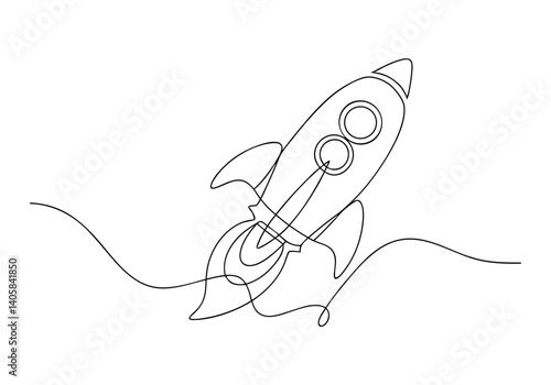 Minimalist black and white continuous line drawing of a rocket with sleek contours and abstract propulsion trail


