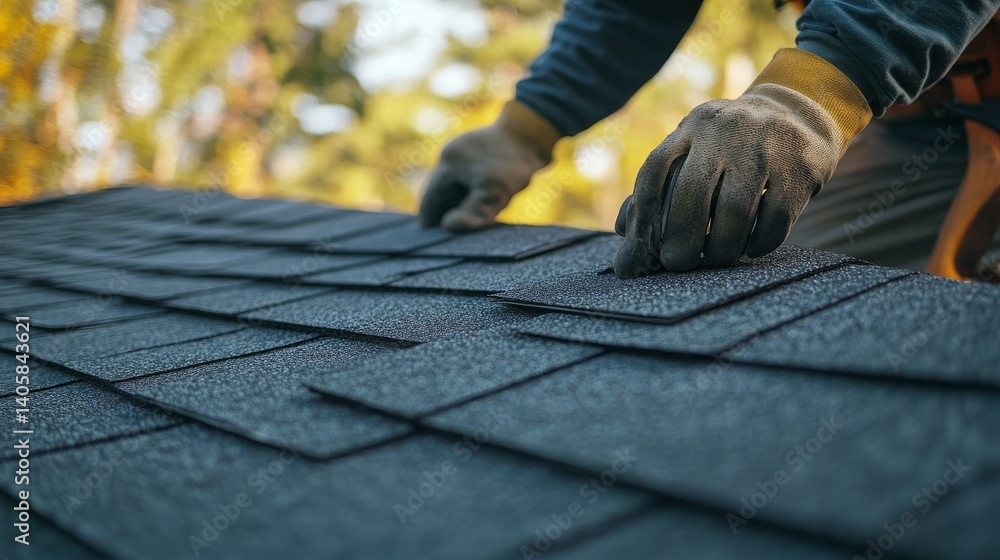 Roofing contractor installing shingles on a sloped roof. Featuring skill and safety Roofing contractor installing shingles on a sloped roof. Featuring skill and safety