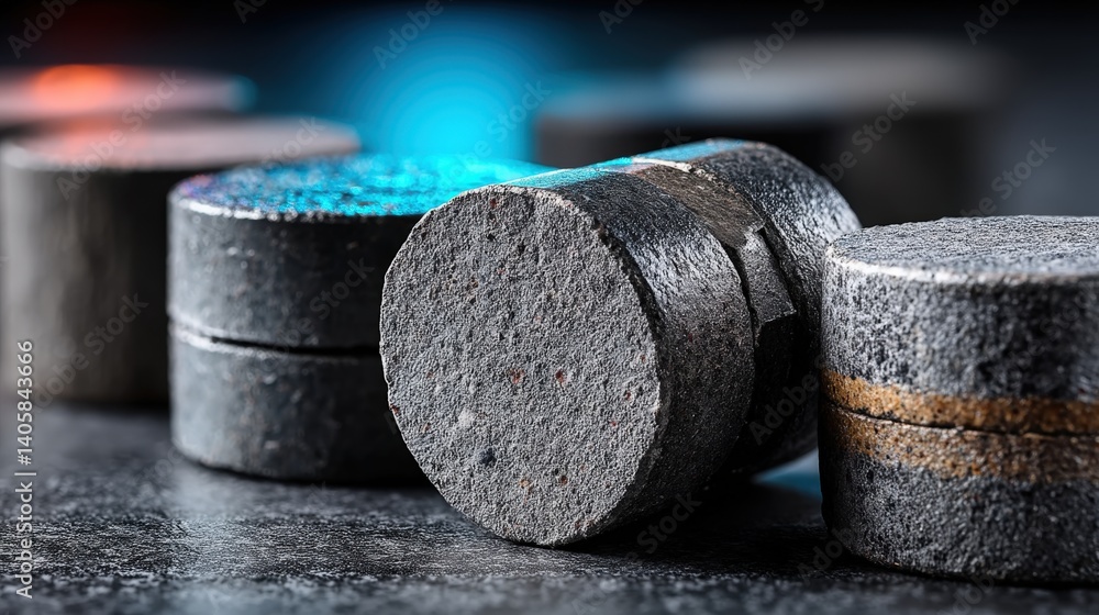 Cylindrical cobalt pellets displayed in a monochrome layout with blue lighting accents Cylindrical cobalt pellets displayed in a monochrome layout with blue lighting accents