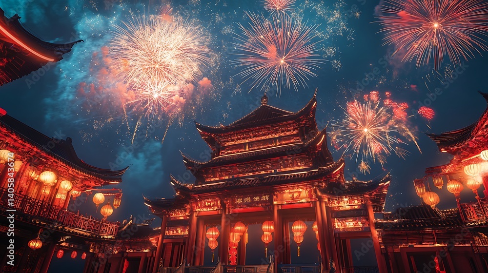 Fototapeta premium Historic buildings glowing rooftops celebration fireworks lanterns heritage festival skyline night tradition picture