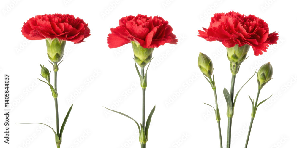 Obraz premium Beautiful red carnations bloom gracefully, showcasing their vibrant petals and lush green stems, perfect for any floral arrangement