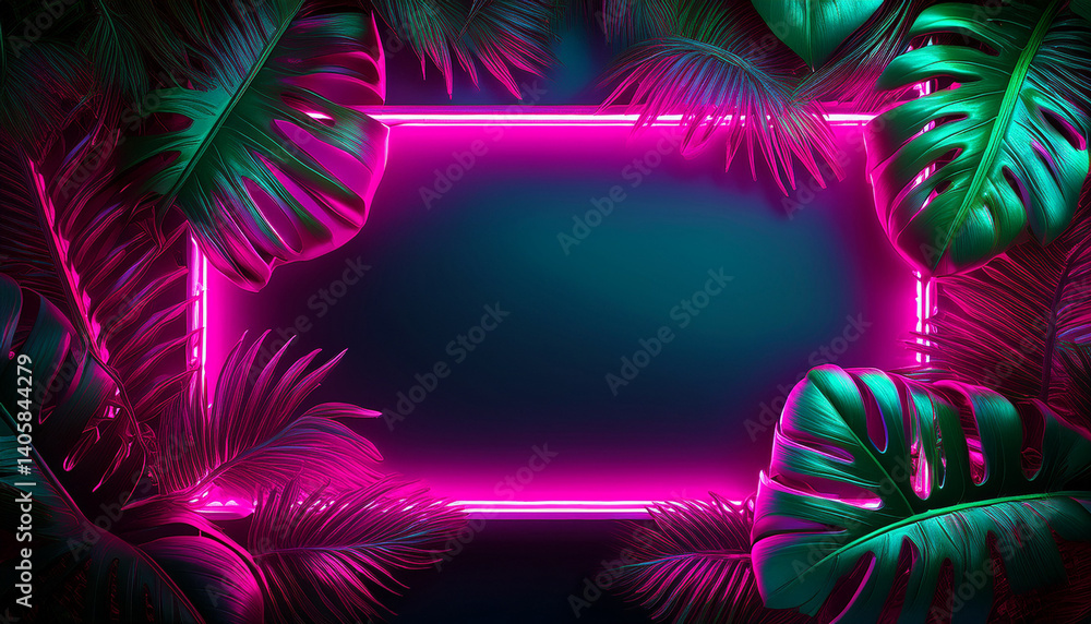 tropical leaves in rich green embrace a striking pink neon frame tropical leaves in rich green embrace a striking pink neon frame