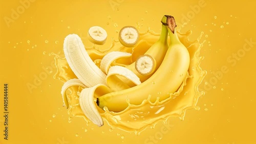 A vibrant splash of yellow surrounds whole and sliced bananas