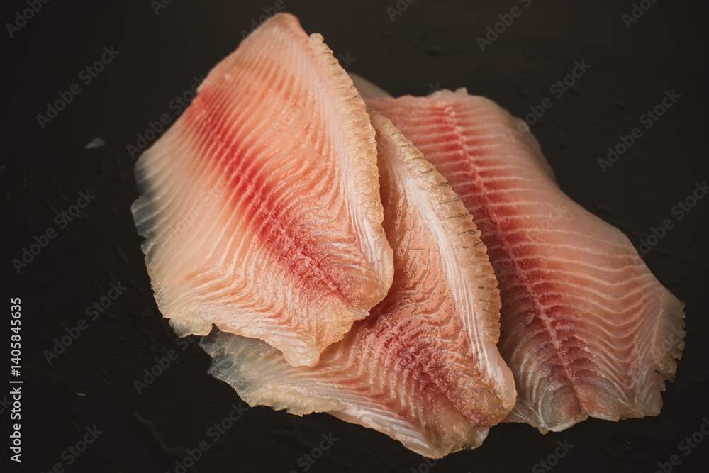 Fresh tilapia fillet on black background, top view. Fresh tilapia fillet on black background, top view.