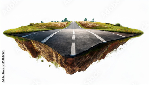 floating asphalt road on a piece of land isolated on white background