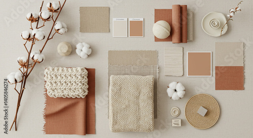 Wallpaper Mural A serene autumnal mood board showcasing earthy textures and warm neutral tones, featuring hand-knitted wool, cotton blooms, and subtly textured fabrics in beige and terracotta. Torontodigital.ca