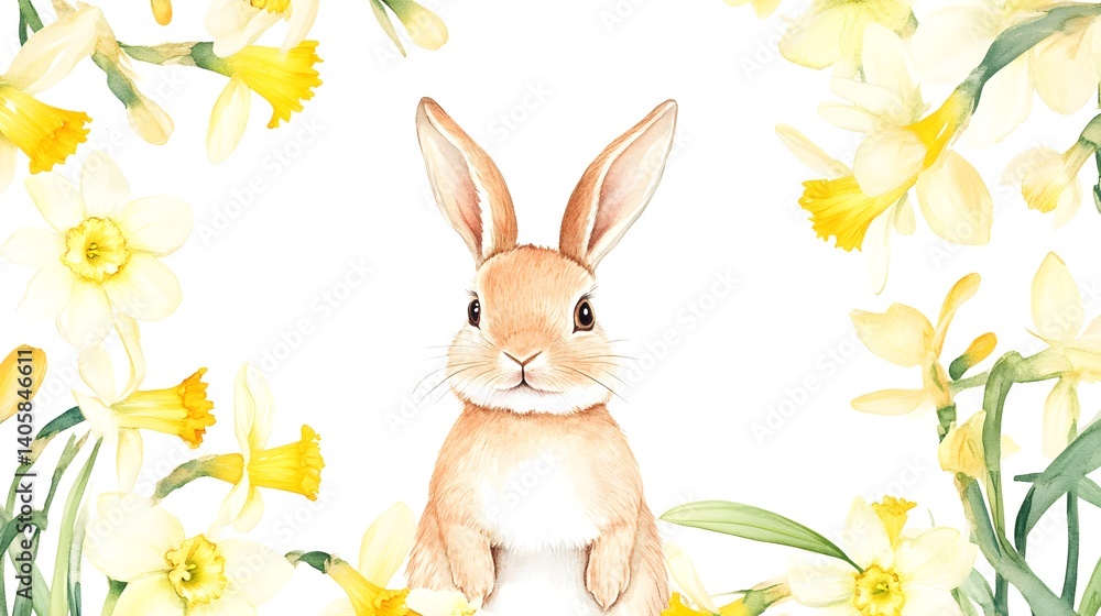 Watercolor Easter bunny surrounded by narcissus flower wreath, a joyful spring design. Watercolor Easter bunny surrounded by narcissus flower wreath, a joyful spring design.