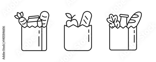 Grocery bag icon set. Shopping bag with groceries symbol. Store, supermarket, delivery, promotion, shopping cart. Editabe line