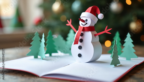 Cheerful snowman figure celebrating Christmas in a pop-up card  