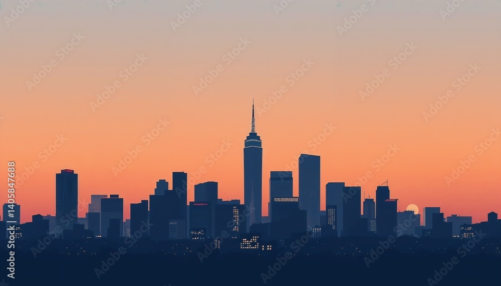 Fototapeta premium Stunning sunset skyline view of a city with silhouette buildings against a colorful sky gradient