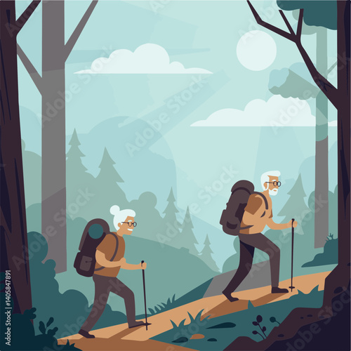 Elderly couple hiking in forest with backpacks on sunny day