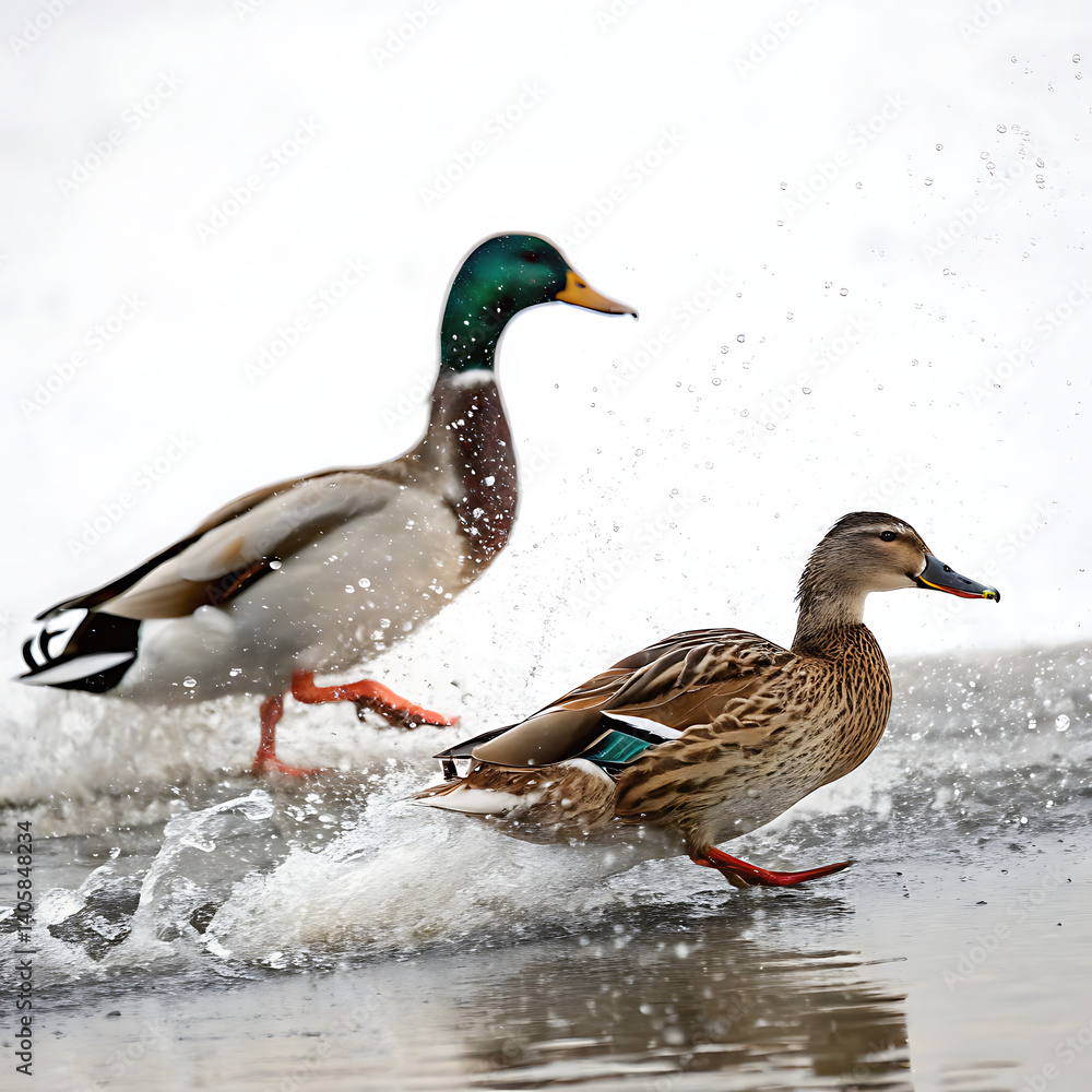 A Realistic Scene of Ducks Waddling and Splashing Through the Shimmering Water A Realistic Scene of Ducks Waddling and Splashing Through the Shimmering Water
