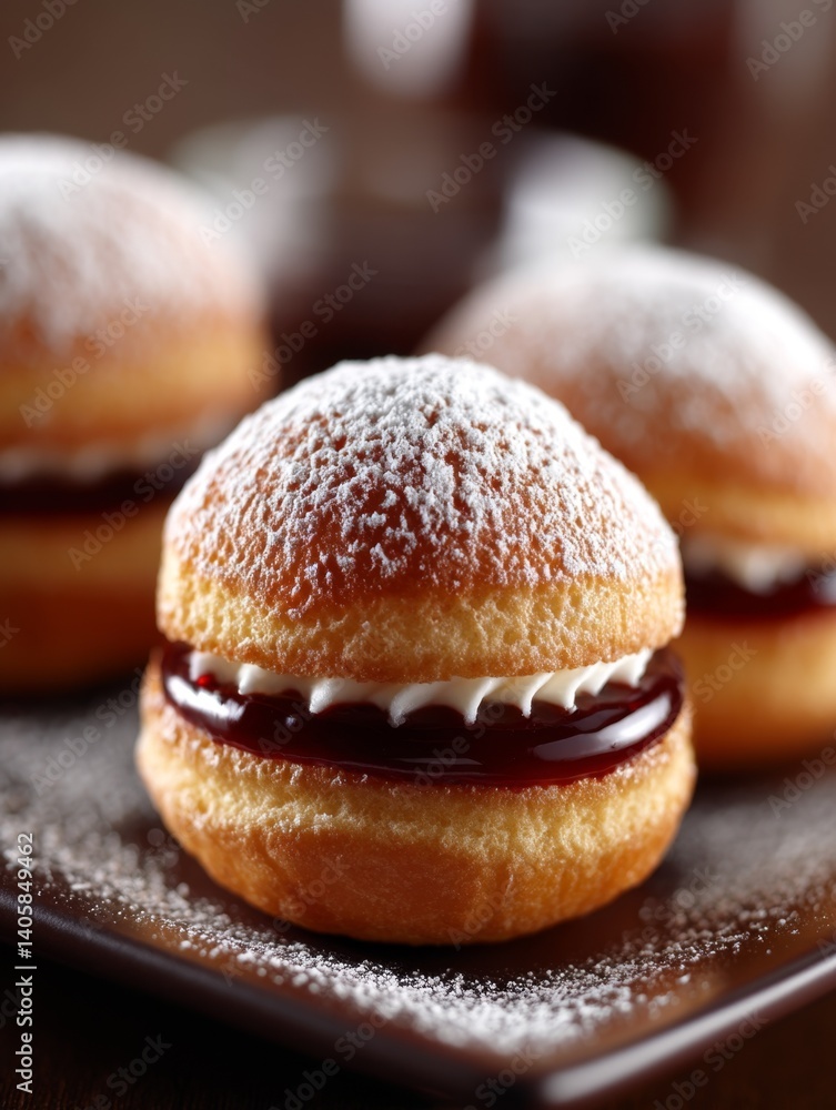 A close up of three doughnuts covered in powdered sugar A close up of three doughnuts covered in powdered sugar