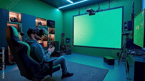 Person in VR Headset Experiencing Immersive Virtual Reality