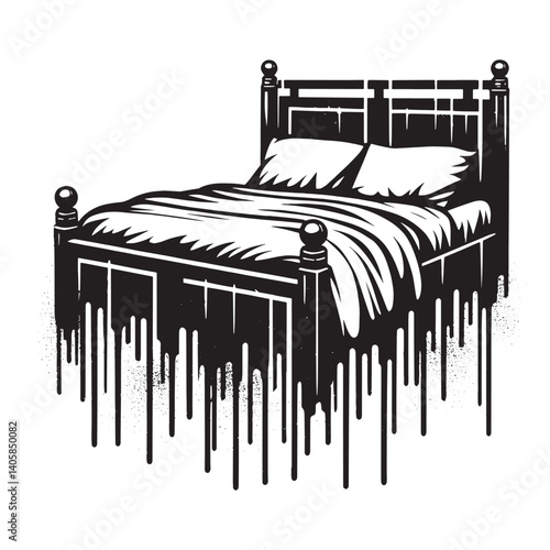 Abstract Bedroom Illustration in Black and White Drip Style on White