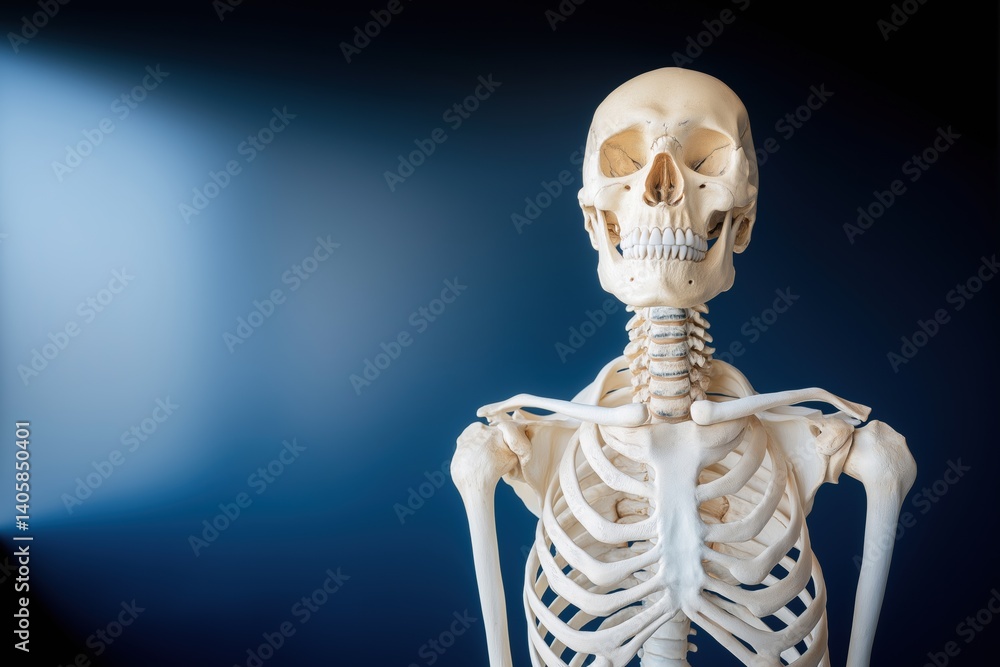 A skeleton is standing in front of a blue background. The skeleton is white and has a very serious expression on its face A skeleton is standing in front of a blue background. The skeleton is white and has a very serious expression on its face